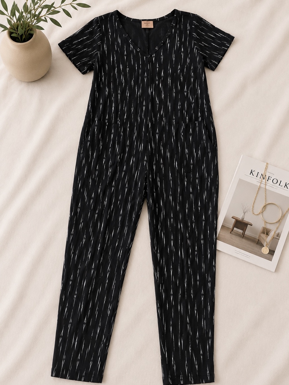Smash + Tess Black V-Neck Short Sleeve Patterned Jumpsuit